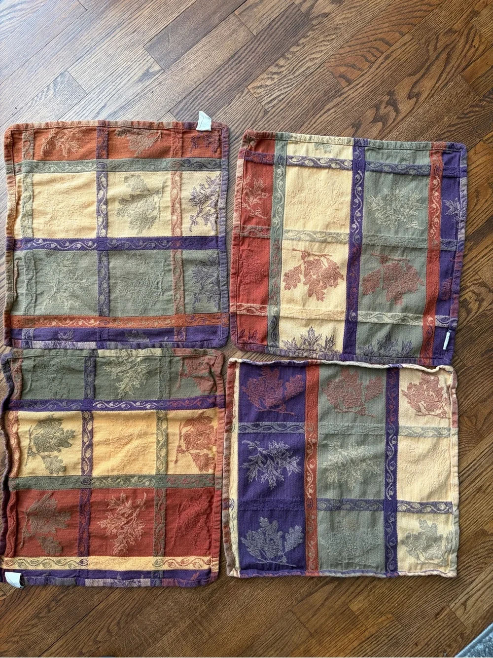 Autumn Harvest Fall Thanksgiving Plaid Leaf Print Cotton Table Napkins Set of 4